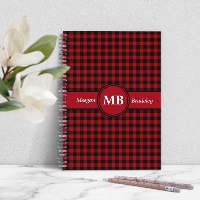 Modernes, rotes Kariertes Muster Notizblock (Modern Monogram Red Plaid Pattern Notebook)