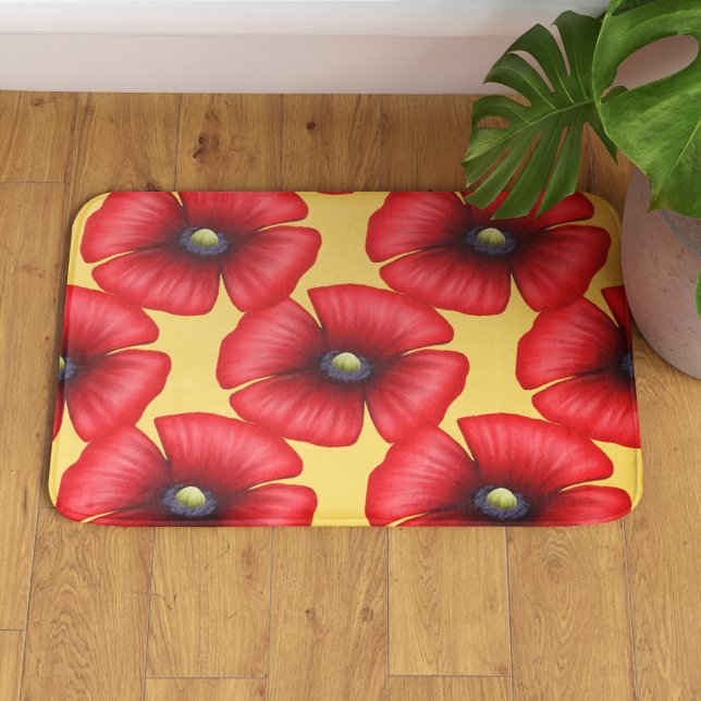 Modernes rotes Mohnmuster auf der gelben Bademasse Badematte (Pop a pop of color in your bathroom with this red poppy patterned yellow bath mat. A lovely gift!)