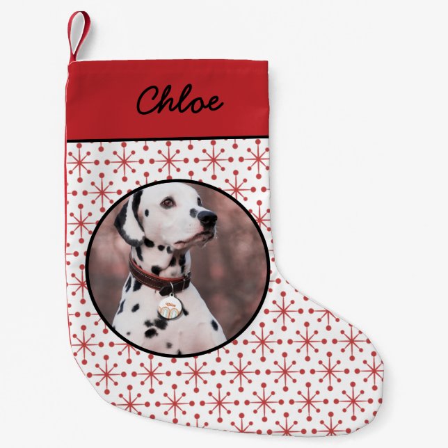 Modernes rotes Sternexplosion Muster Pet Foto Kleiner Weihnachtsstrumpf (Vorderseite)