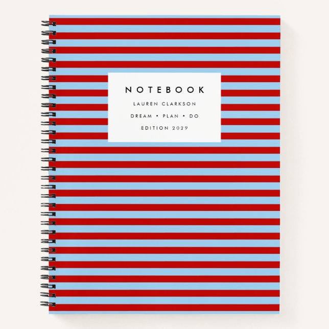 Modernes, rotes und blau gestreiftes Notebook Notizbuch (Vorderseite)