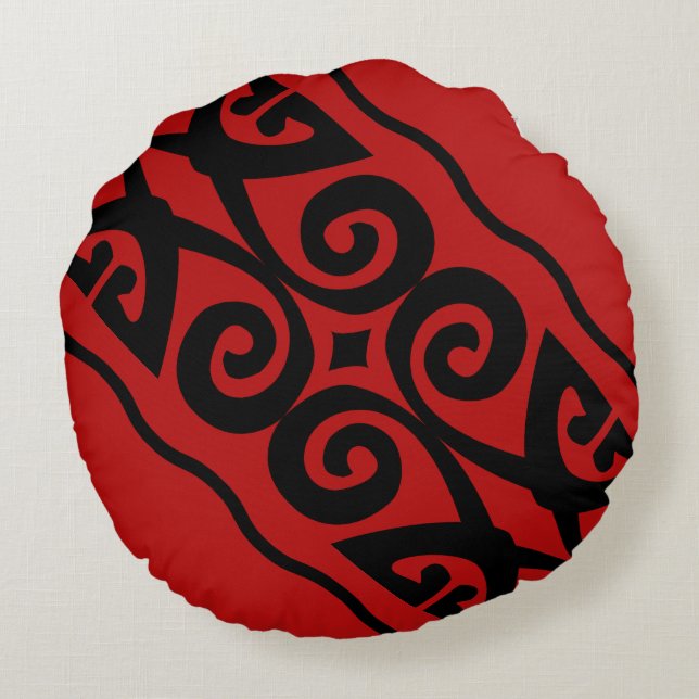 Modernes rotes und schwarzes Muster Rundes Kissen (Rückseite)