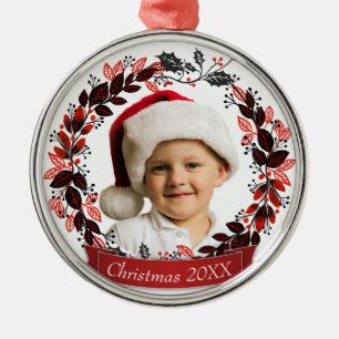Modernes rotes und schwarzes Weihnachtswreath-Foto Ornament Aus Metall