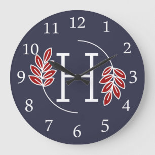 Modernes rotes und weißes Lorbeer-Monogramm Große Wanduhr