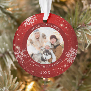 Modernes Rotes Weißes Schneeflocken Personalisiert Ornament