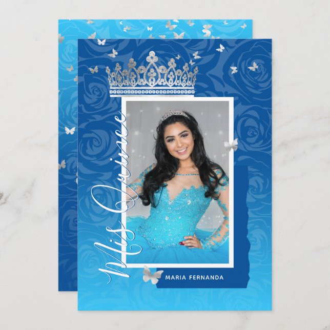 Modernes Royal Blue Elegantes Foto Quinceanera Einladung (Vorne/Hinten)