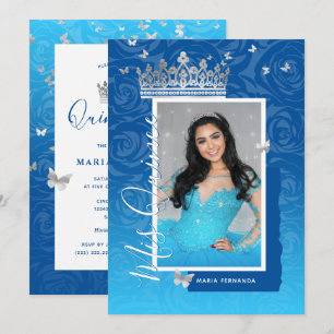 Modernes Royal Blue Elegantes Foto Quinceanera Einladung