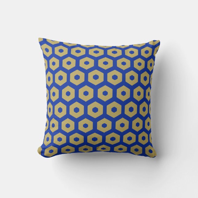 Modernes Royal Blue Gold Beehive Geo Muster Kissen (Vorderseite)