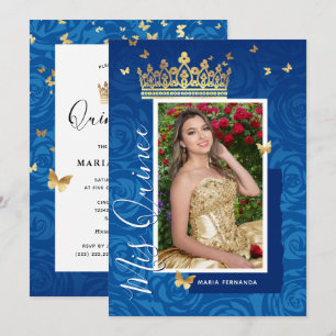 Modernes Royal Blue Gold Elegantes Foto Quinceaner Einladung