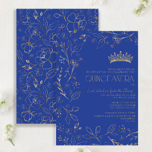 Modernes Royal Blue Gold Floral Tiara Quinceañera Einladung