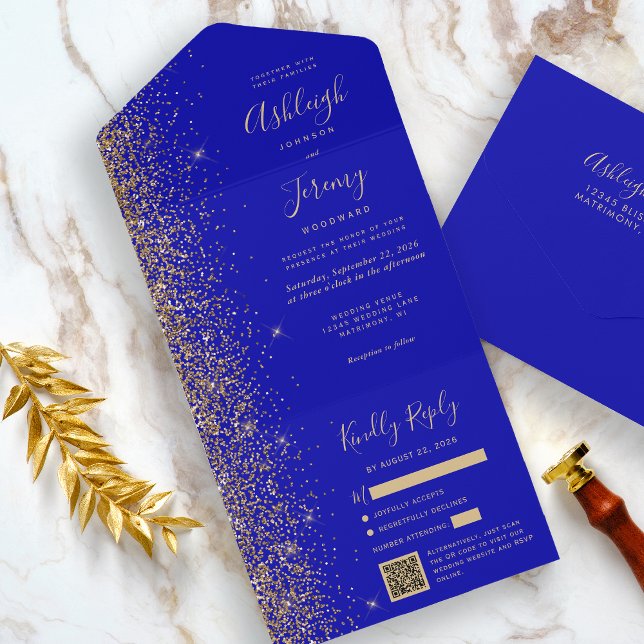 Modernes Royal Blue Gold Glitzer QR Code Wedding All In One Einladung (The perfect choice for a royal blue and gold themed wedding.)