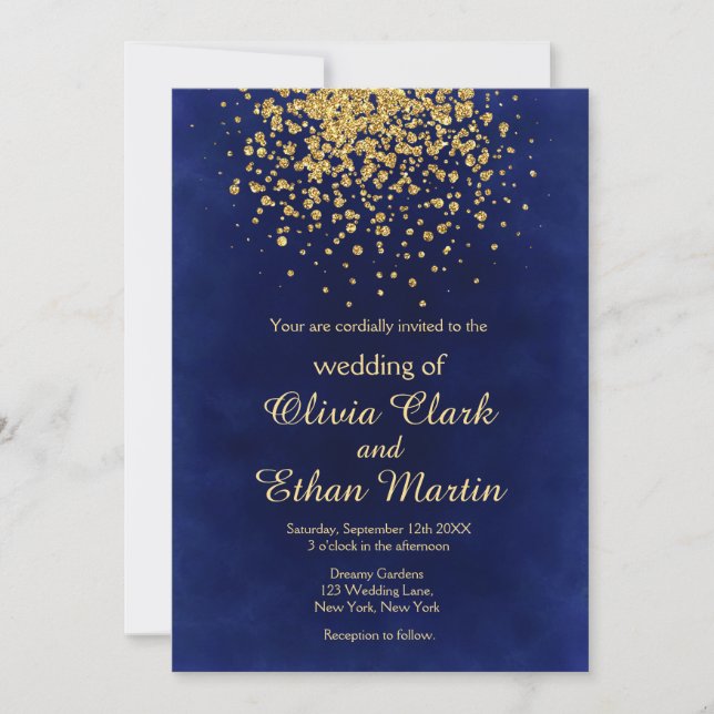 Modernes Royal Blue mit Gold Confetti Einladung (Vorderseite)