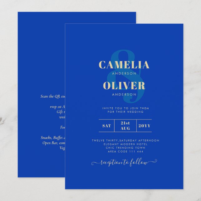 Modernes Royal Blue Monochrome Wedding INVITE Einladung (Vorne/Hinten)