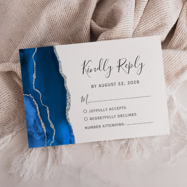Modernes Royal Blue Silver Agate Wedding RSVP (Von Creator hochgeladen)