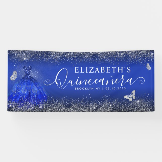 Modernes Royal Blue Silver Gown Quinceañera Willko Banner (Horizontal)
