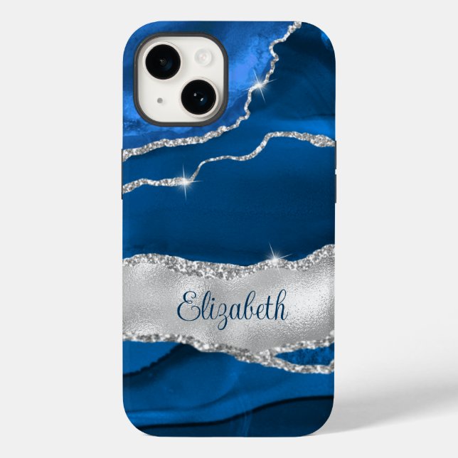 Modernes Royal Blue und Silver Agate Monogram Case-Mate iPhone Hülle (Rückseite)