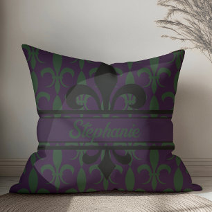 Modernes Royal Lila Fleur-de-lis-Muster Monogram Kissen