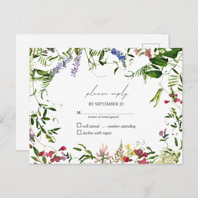 Modernes RSVP für die Wildblume Watercolor Einladungspostkarte (Vorne/Hinten)