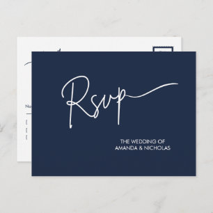 Modernes RSVP für Minimalistische Marine und White Postkarte