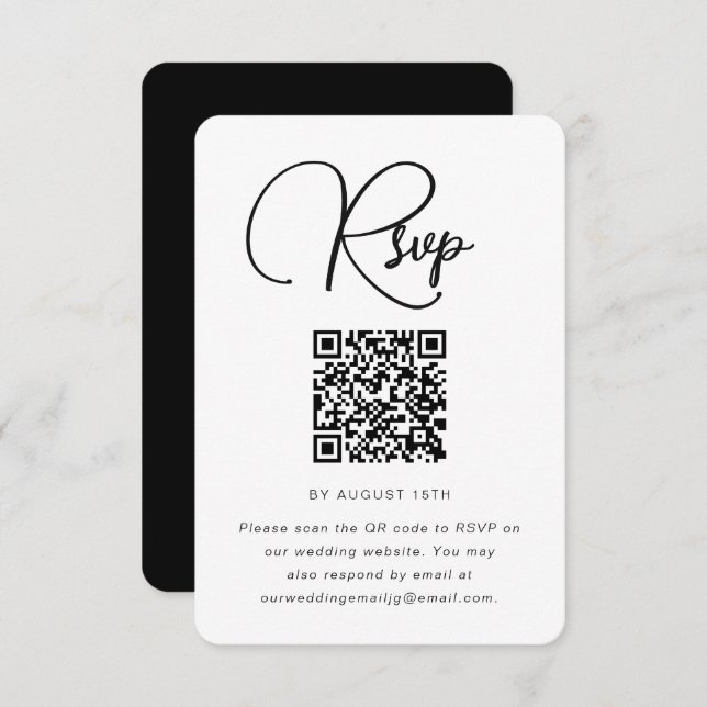 Modernes RSVP für Schwarz-Weiß-Hochzeiten mit QR-C (Vorne/Hinten)