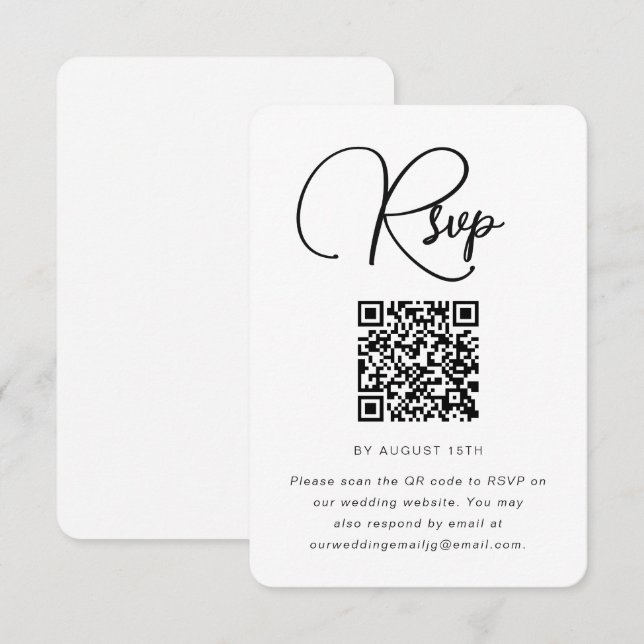 Modernes RSVP für Schwarz-Weiß-Hochzeiten mit QR-C (Vorne/Hinten)