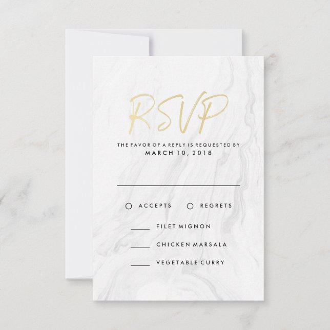 Modernes RSVP-Menü mit dem Gold Wedding White Marb RSVP Karte (Vorderseite)