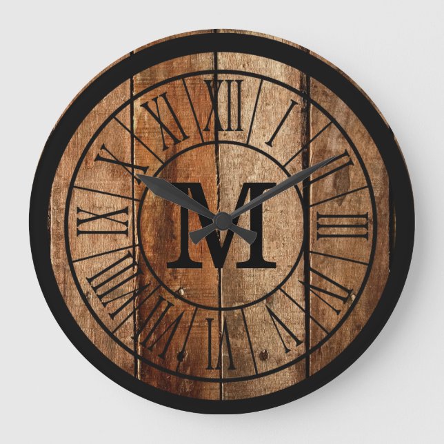 Modernes rustikales Bauernhaus Monogram Barnwood Große Wanduhr (Vorderseite)