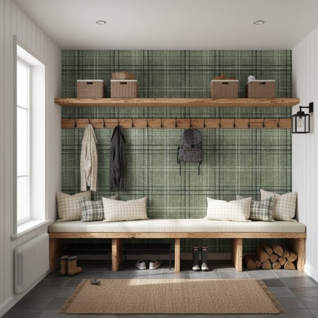 Modernes Rustikales Burlap Kariert Green Tapete (Von Creator hochgeladen)