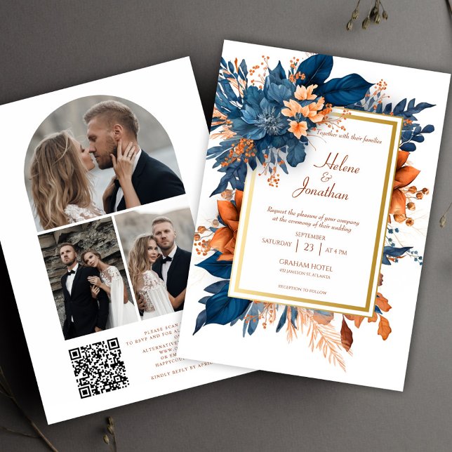 Modernes Rustikales Foto QR Code Floral Elegante H Einladung (Modern Rustic Photo QR Code Floral Elegant Wedding Invitation)