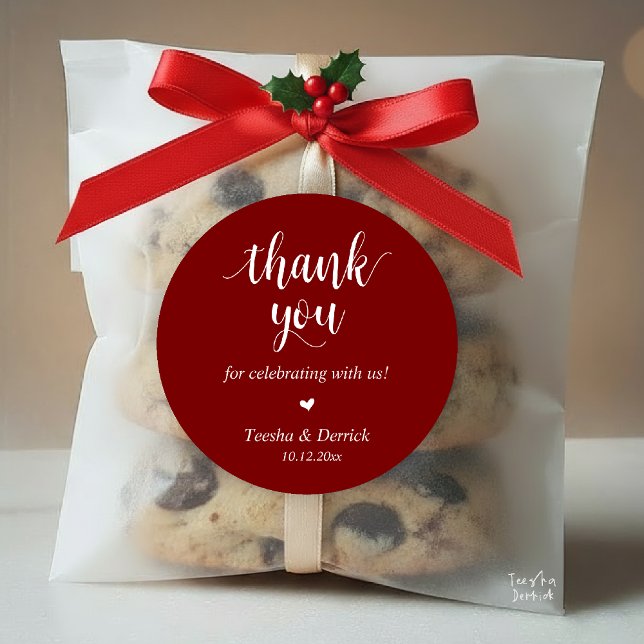 Modernes rustikales Hochzeitessen Danke für Ihre G Runder Aufkleber (Modern Rustic Wedding Dinner Thank You Gifts Classic Round Sticker cute heart Burgundy Deep Red Wine)