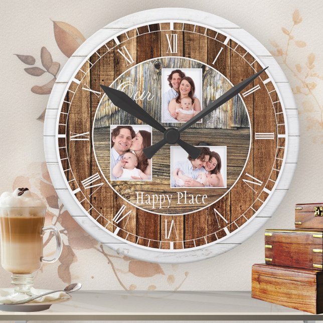 Modernes rustikales Holz 3 Foto Runde Wanduhr (Rustic classic wall clock featuring printed wood panels with your own custom photos)