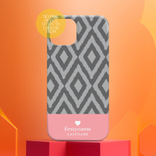 Modernes, rustikales Ikat Gray Coral Heart Monogra iPhone 16 Hülle