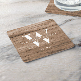 Modernes rustikales Monogramm Familienname Vintage Rechteckiger Pappuntersetzer