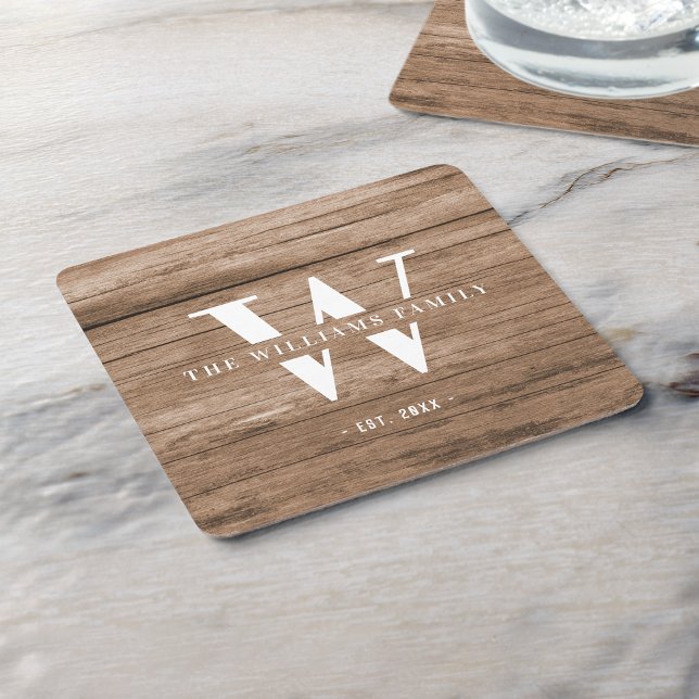 Modernes rustikales Monogramm Familienname Vintage Rechteckiger Pappuntersetzer (Von Creator hochgeladen)