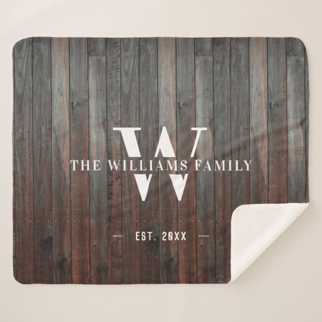 Modernes rustikales Monogramm Familienname Vintage Sherpadecke (Vorderseite (Horizontal))