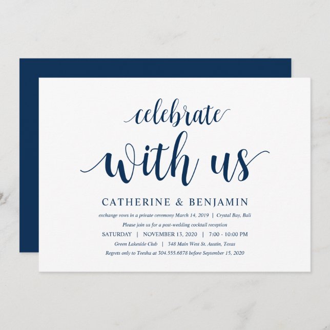 Modernes, rustikales, navy Blue Script, Hochzeitsf Einladung (Vorne/Hinten)