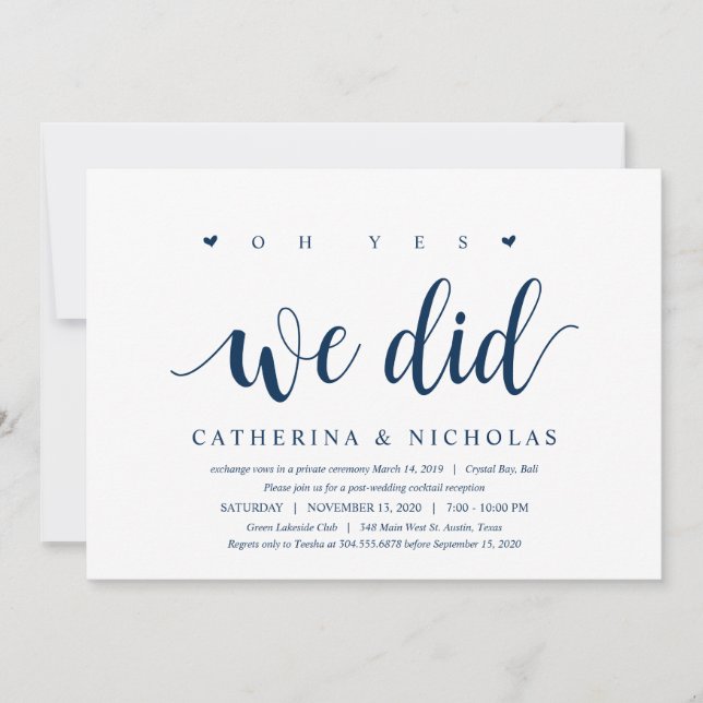 Modernes, rustikales, navy Blue Script, Hochzeitsf Einladung (Vorderseite)