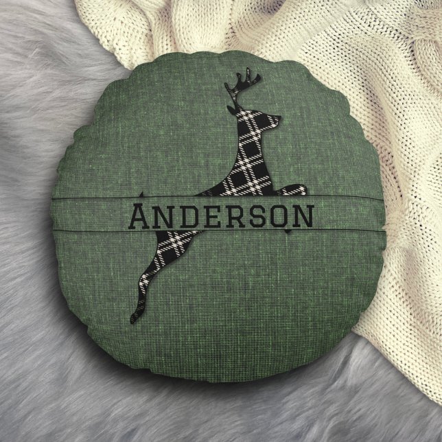 Modernes Rustikales Schwarz-Weiß Kariertes Hirsch Rundes Kissen (Von Creator hochgeladen)