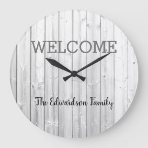 Modernes rustikales willkommenes Familienname-Grau Große Wanduhr