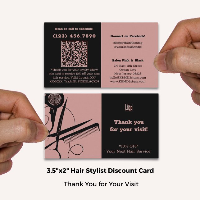 Modernes Salon Logo QR Code Rosa Schwarz Vielen Da Rabattkarte (Modern Salon Logo QR Code Pink Black Thank You Discount Card; Standard Size: 3.5x2 Inch (US))