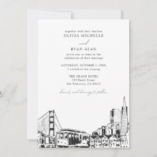 Modernes San Francisco Wedding Skyline Black & Whi Einladung