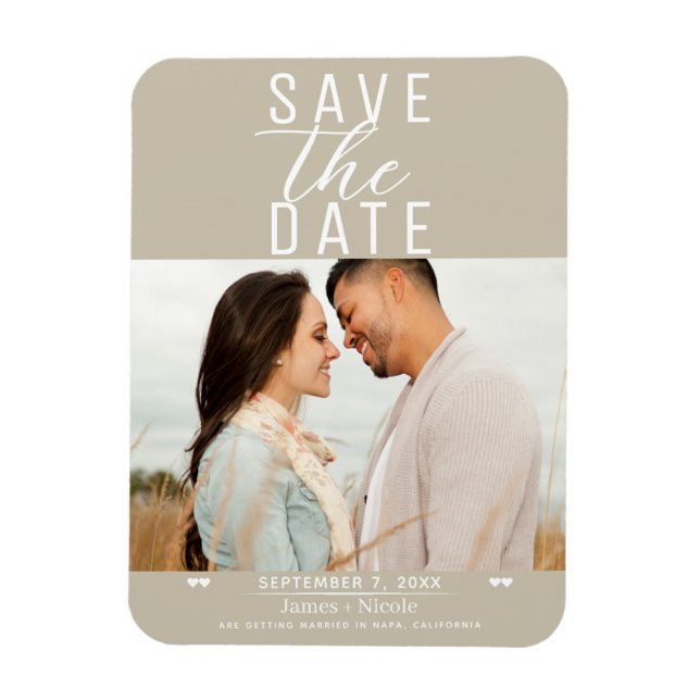 Modernes Sand Beige Save the Date Hochzeitsfest Fo Magnet (Vertikal)