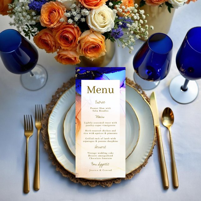 Modernes Sapphire Blue and Orange Wedding Menu Menükarte (Modern Sapphire Blue and Orange Wedding Menu.)