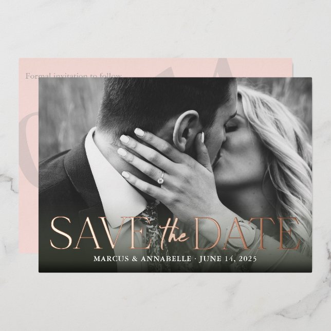 Modernes Save the Date Blush/Rose Gold Folieneinladung (Vorderseite/Rückseite)