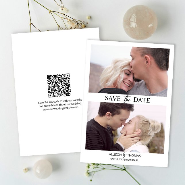 Modernes, Save the Date Foto QR Code Wedding Einladung (The QR code makes it easy for guests to visit your website for more details about your wedding.)