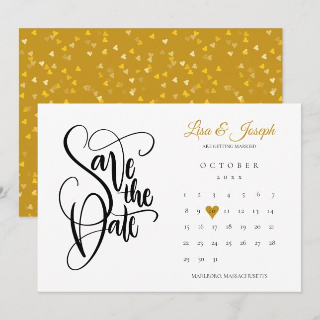 Modernes Save the Date Kalender Gold Liebe Herzstü Einladung (Vorne/Hinten)