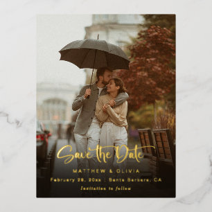 Modernes Save the Date Kalligraphieskript mit Foto Folie Einladungspostkarte