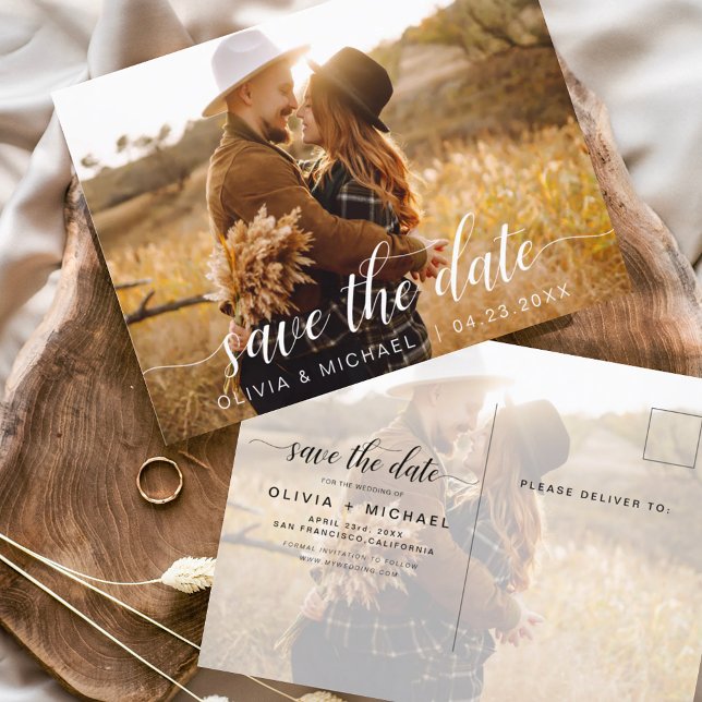 Modernes Save the Date weißes handgeschriebenes Fo Postkarte (Von Creator hochgeladen)