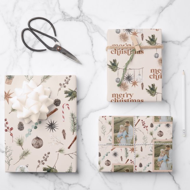 Modernes Scandi Boho Neutral frohe Weihnachts-Foto Geschenkpapier Set (Vorderseite)