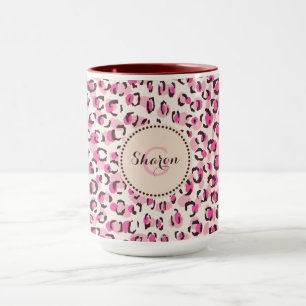 Modernes, schick rosa Geäthermuster-Monogramm Tasse