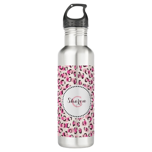 Modernes, schick rosa Geäthermuster-Monogramm Trinkflasche (Vorderseite)